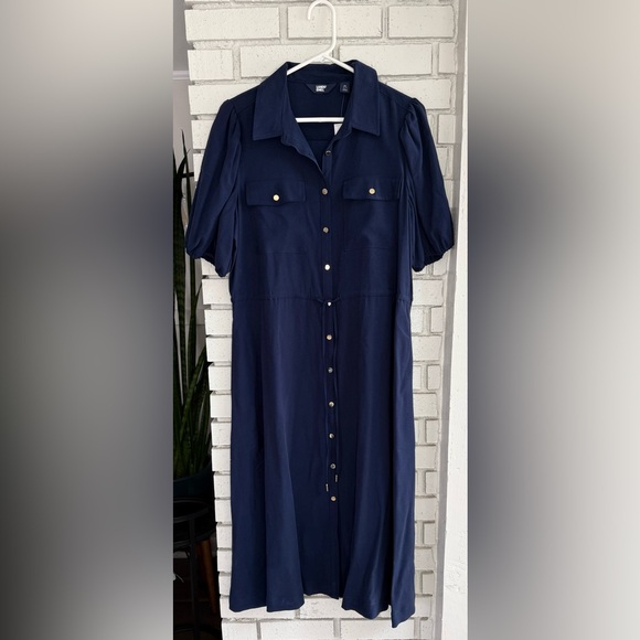 Lands' End Dresses & Skirts - NWT Lands’ End Navy Button Front Midi Dress‎ Tie Waist Puff Sleeve Classic
